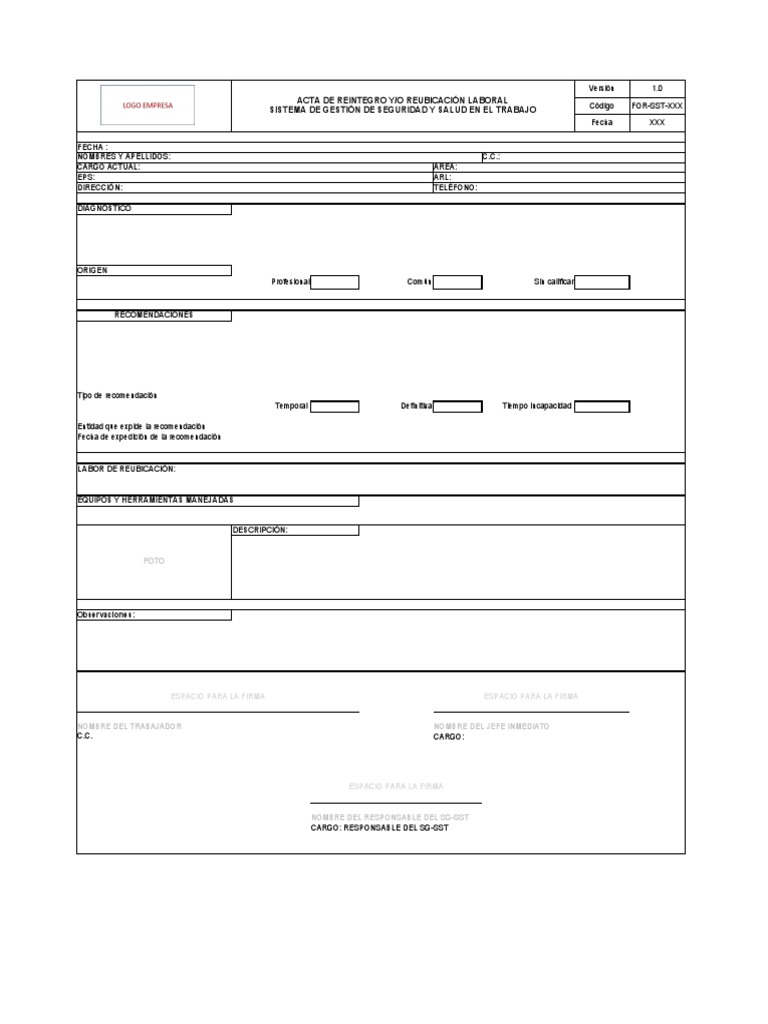 Acta de Reintegro Laboral SG-SST | PDF
