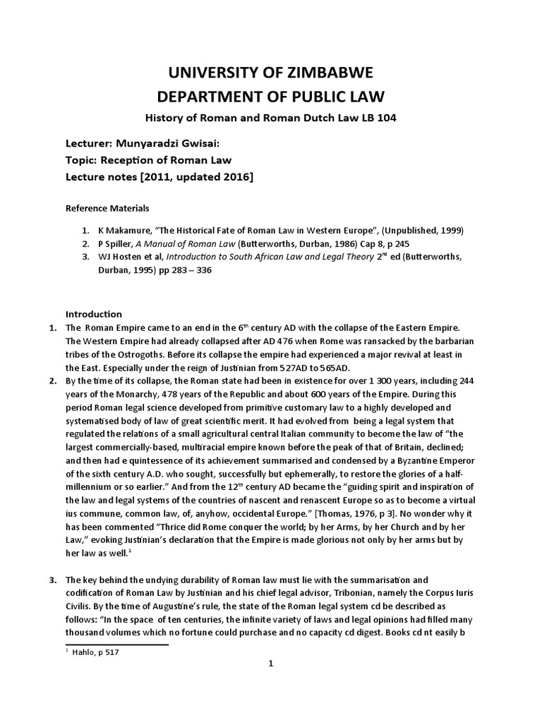 Reception of Roman Dutch Law in Zimbabwe | PDF | Roman Law | Roman Empire