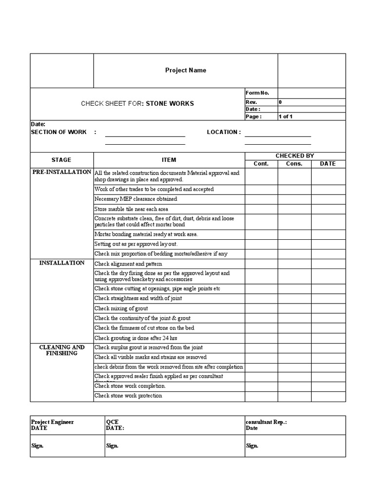 Stone Works Inspection Checklist | PDF | Civil Engineering | Building ...