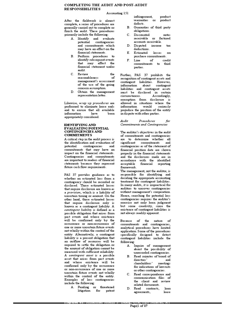 Audit procedures for commitments and contingencies pdf going