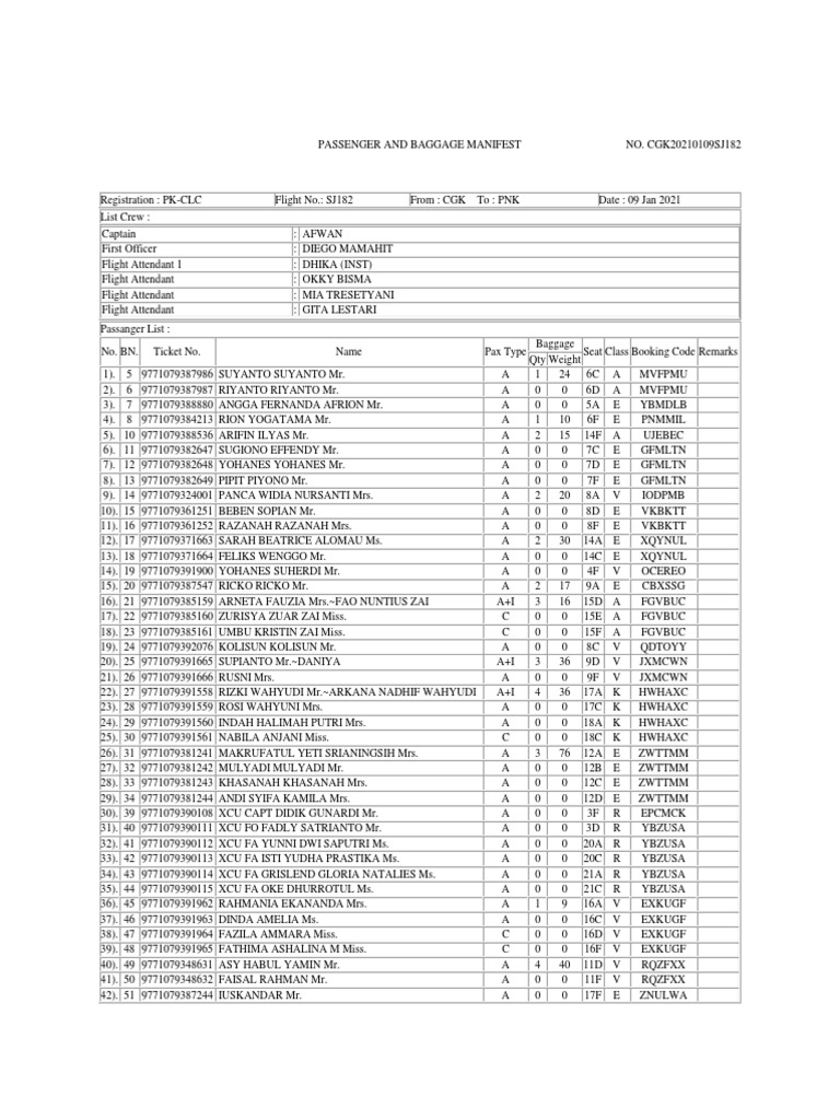Passenger and Baggage Manifest SJ182 | PDF | Transportasi | Business