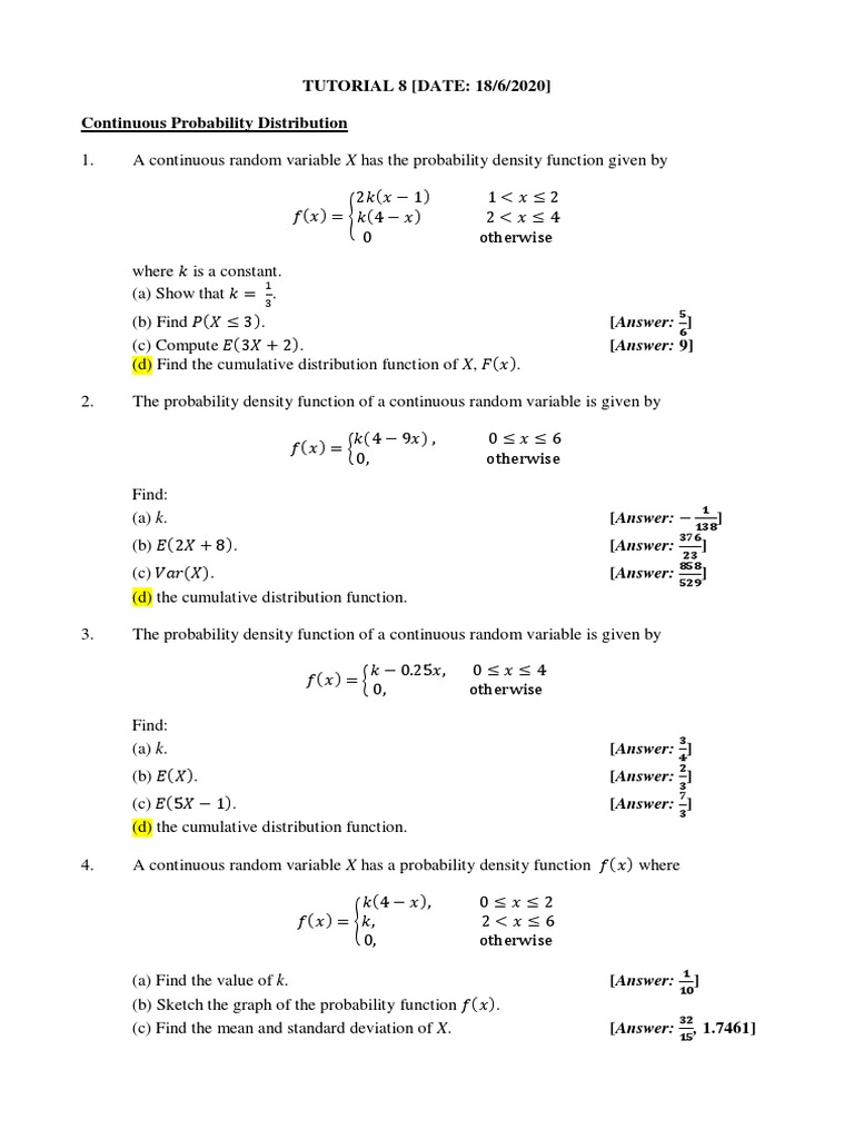 Tutorial 8 | PDF | Probability Density Function | Probability Distribution