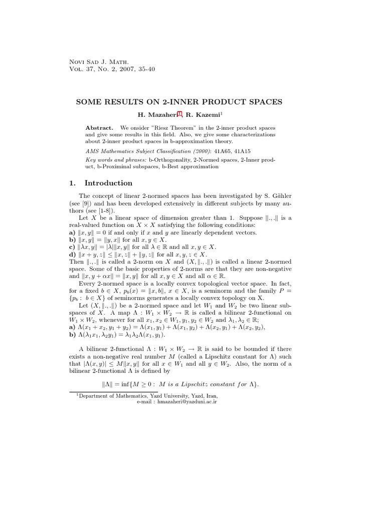 Results on 2-Inner Product Spaces | PDF | Vector Space | Theoretical ...