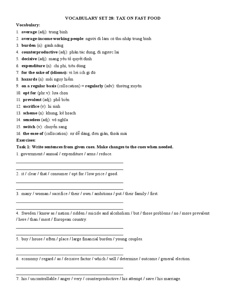 Vocabulary Set 28 TAX ON FAST FOOD PDF Fast Food Taxes
