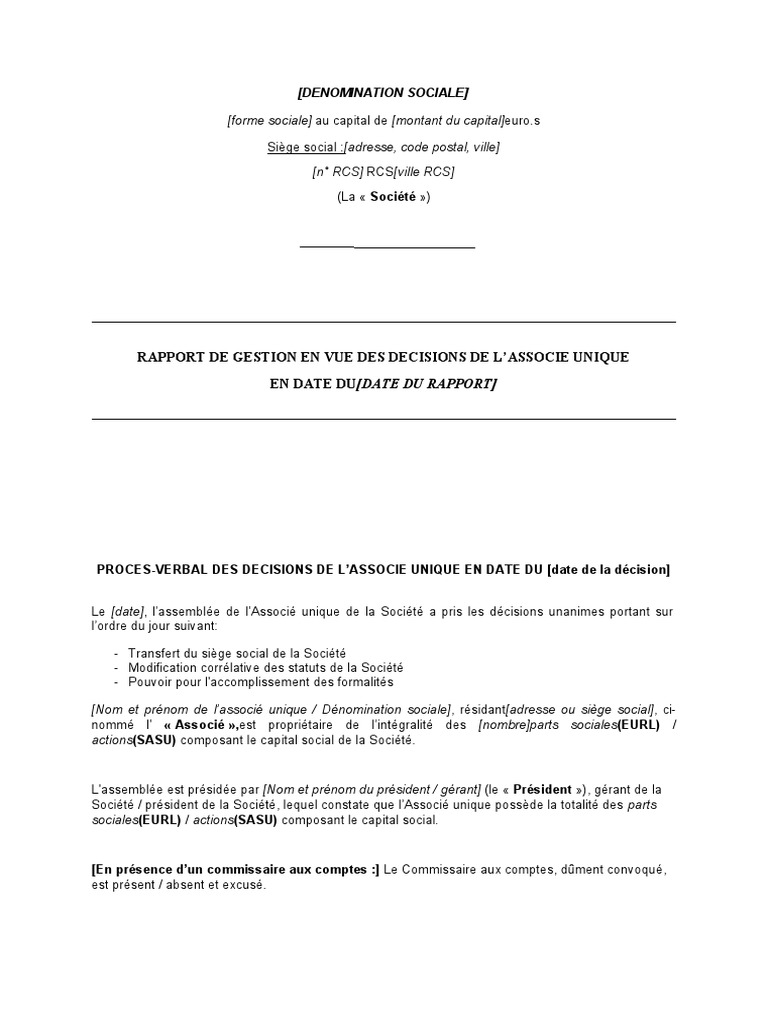 Modele De Pv De Dissolution D Une Sasu Pdf Modele PV Decision Transfert Siege Social Societe Unipersonnelle | PDF |  Partenariat | Président des États-Unis
