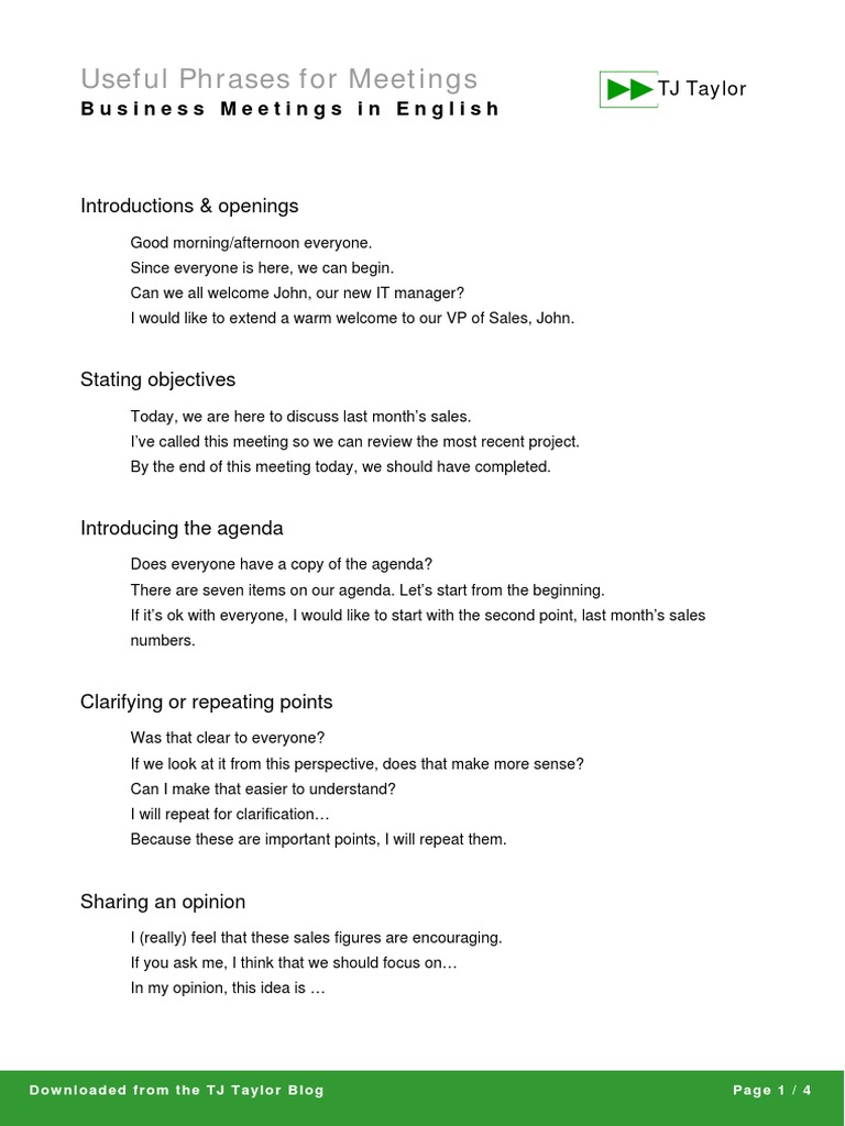 Useful Phrases For Meetings: Business Meetings in English | PDF