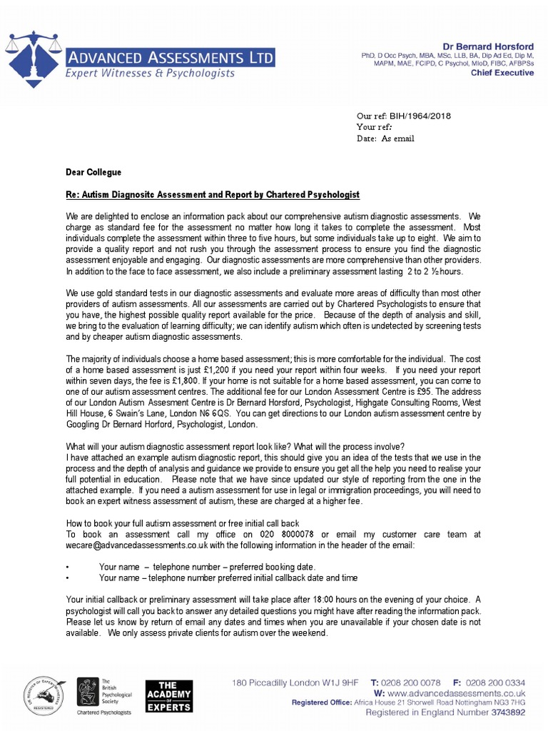 Dear Collegue Re: Autism Diagnositc Assessment and Report by Chartered ...