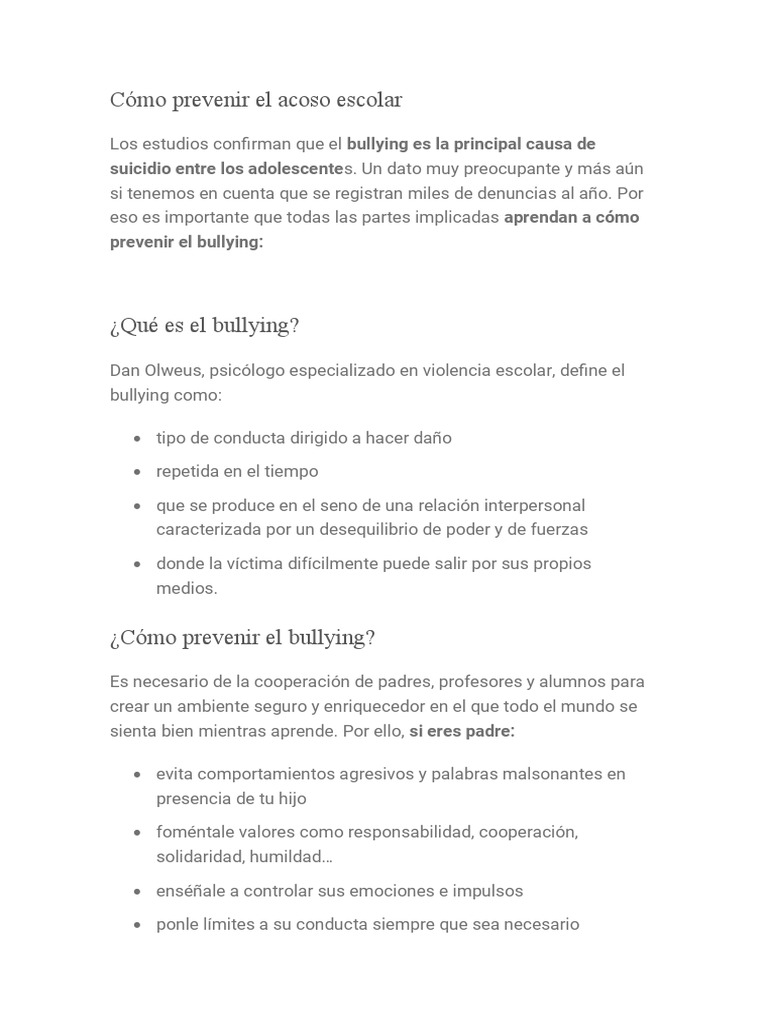 Cómo Prevenir El Acoso Escolar Bullyn | PDF | Violencia ...