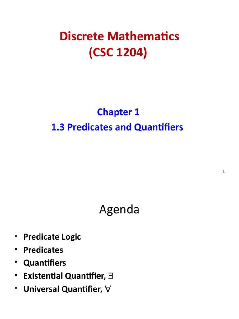 Discrete Mathematics Csc 1204 1 3 Predicates And Quantifiers Pdf