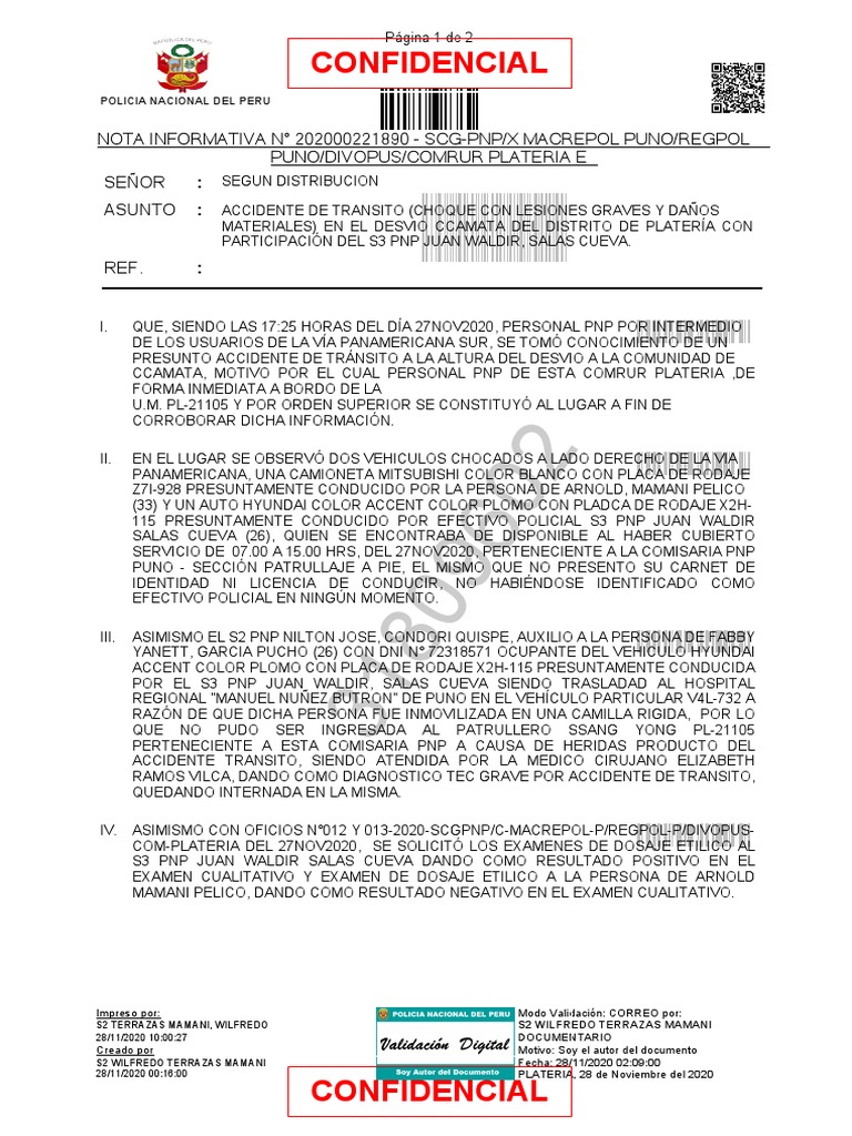 Informe de Accidente de Tránsito en Puno | PDF | Transporte por ...