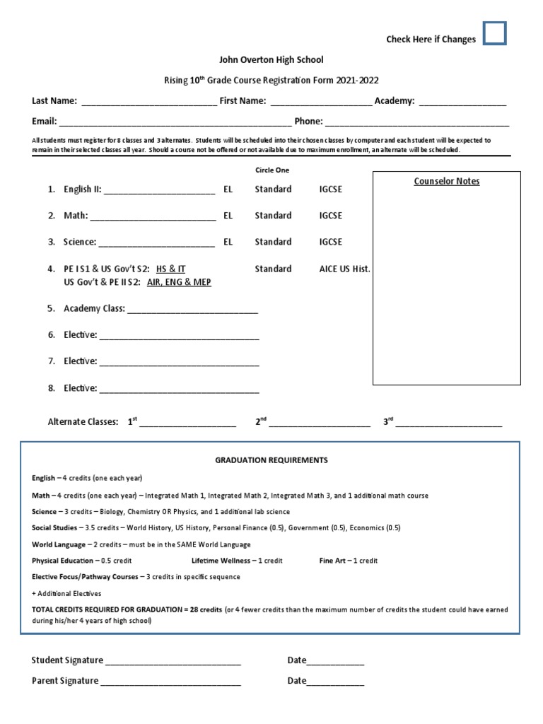 21-22 Rising 10th Grade Registration Form | PDF | Schools | Science