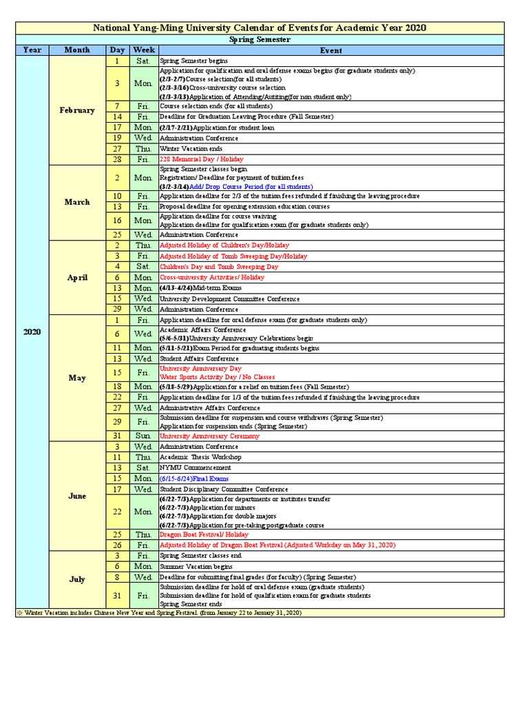 National YangMing University Calendar of Events For Academic Year 2020