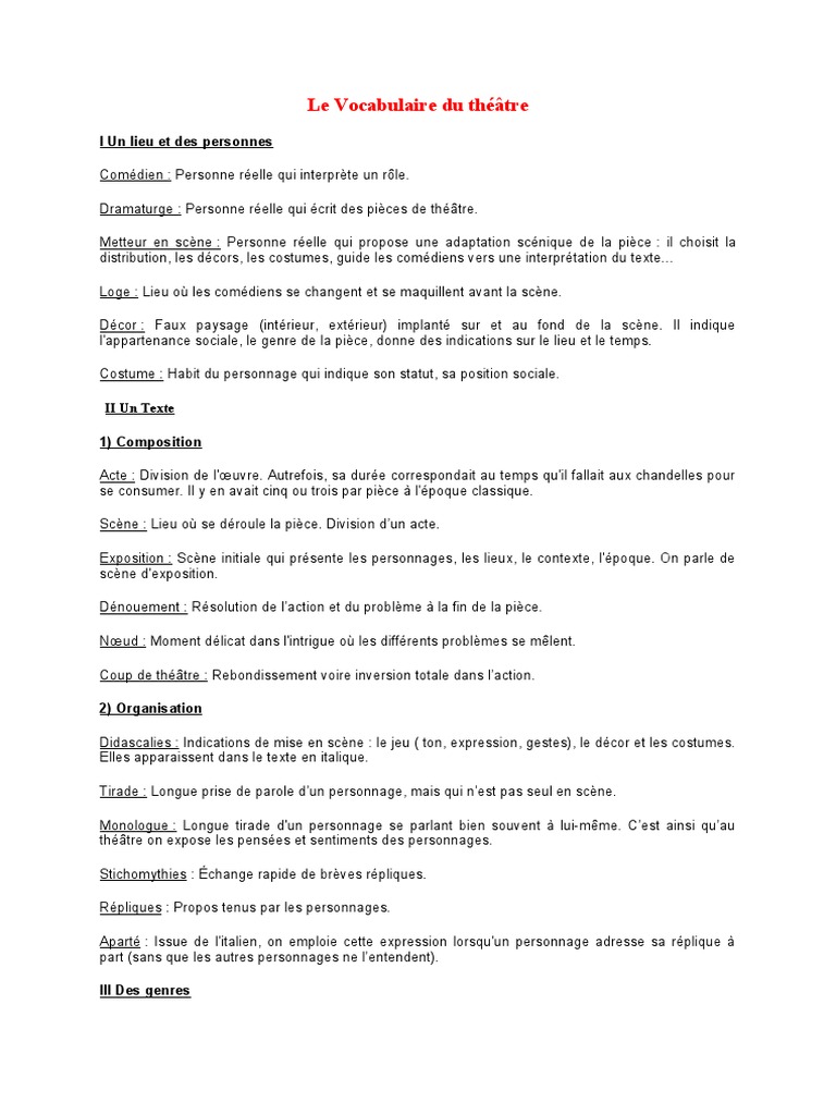 Le Vocabulaire Du Theatre Pdf Piece De Theatre Comedie