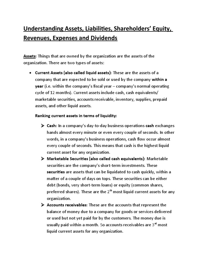 Understanding Assets, Liabilities, Shareholders' Equity, Revenues, Expenses and Dividends PDF