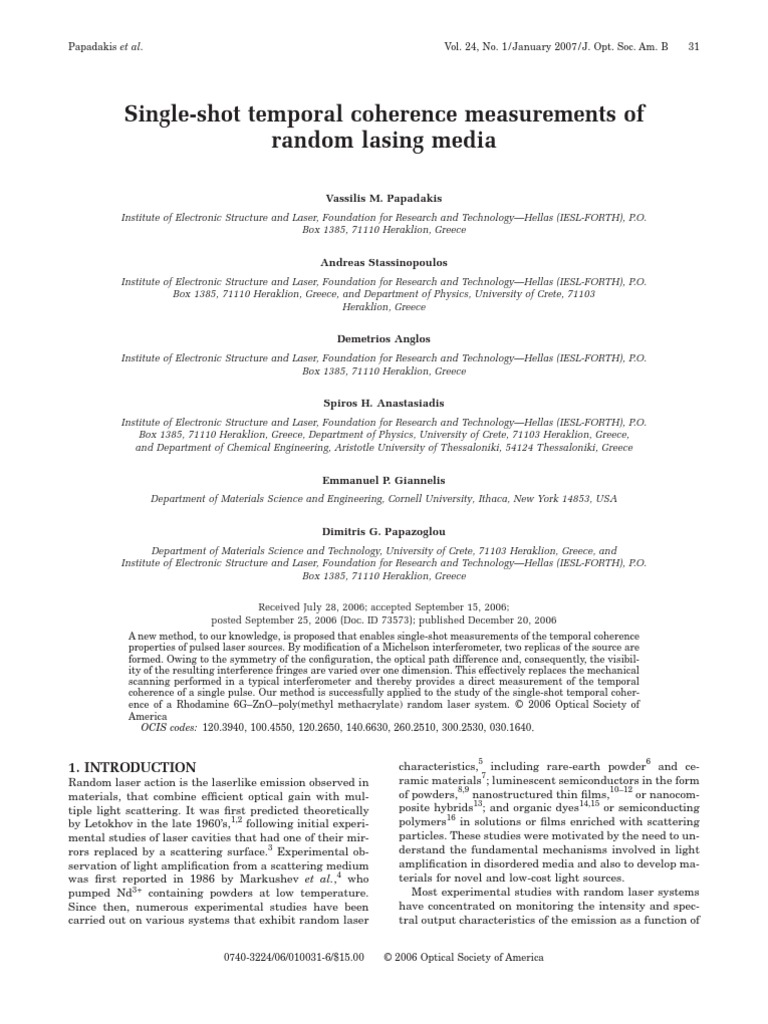 Single Shot Temporal Coherence Measurements of Random Lasing Media ...