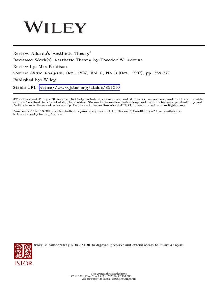 Adorno's 'Aesthetic Theory' PDF Theodor W. Adorno Truth