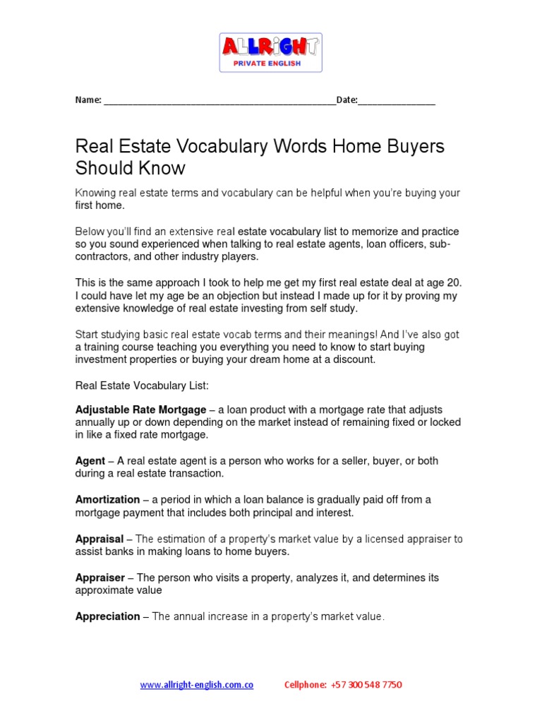 Real Estate Vocabulary PDF Mortgage Law Real Estate Broker