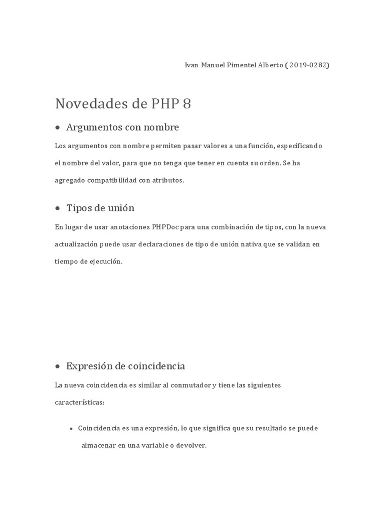 Novedades y mejoras en PHP 8 | PDF | Php | Ingeniería Informática