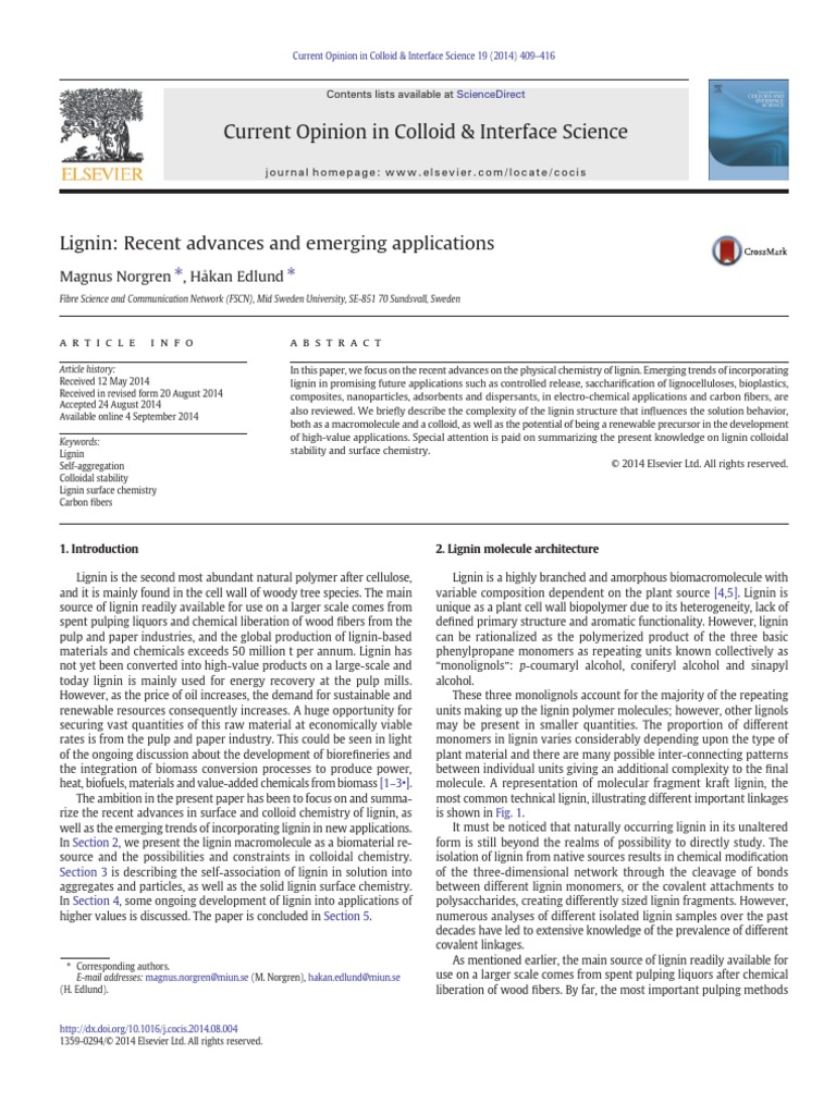 Lignin Recent Advances and Emerging Applications | PDF | Lignin | Colloid