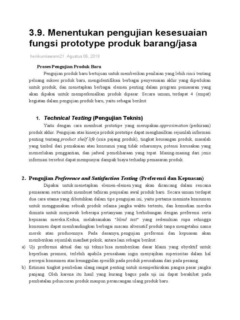 KD. 3.9 Menentukan Pengujian Kesesuaian Fungsi Prototype Produk Barang ...