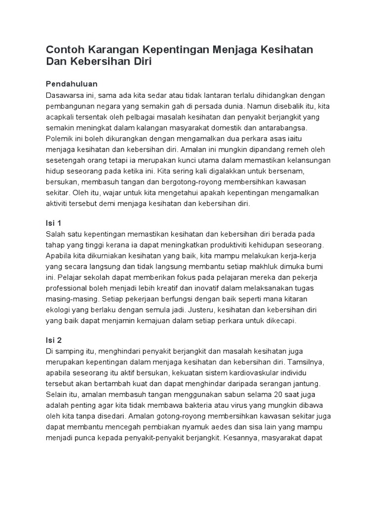 Karangan Kepentingan Menjaga Kesihatan Dan Kebersihan Diri | PDF