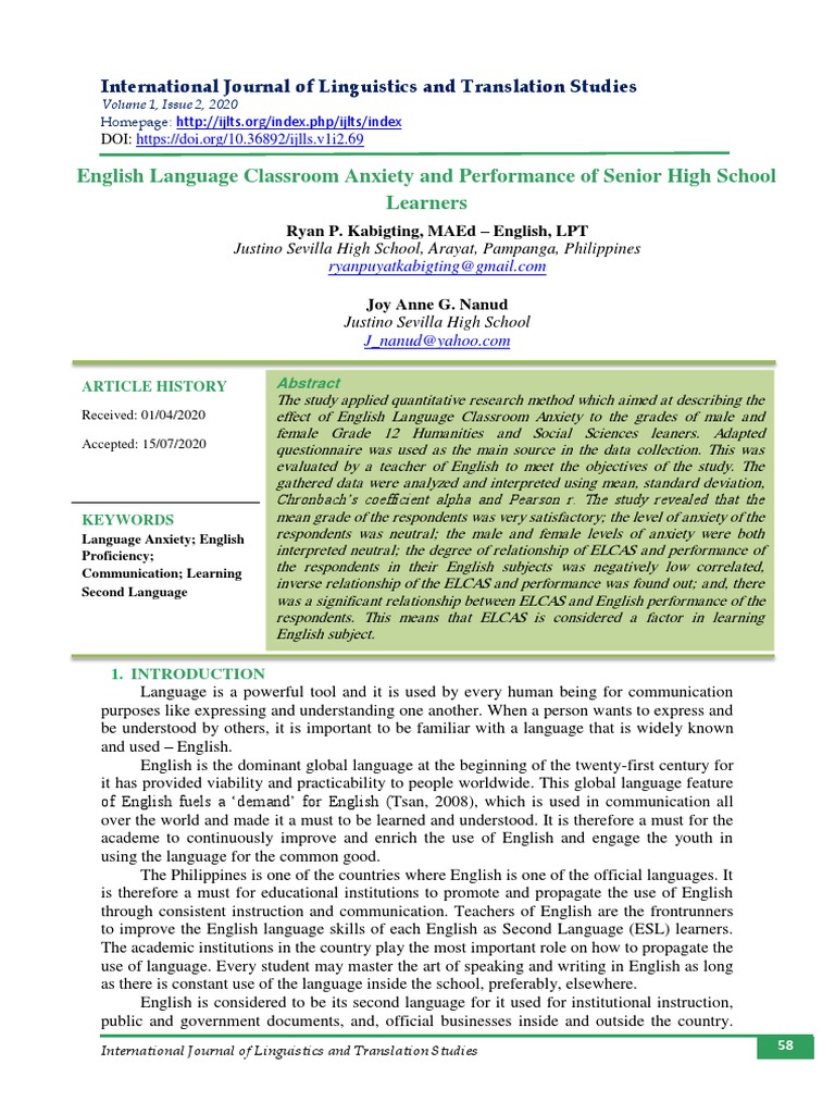 English Anxiety and Student Performance | PDF | Second Language | Fluency