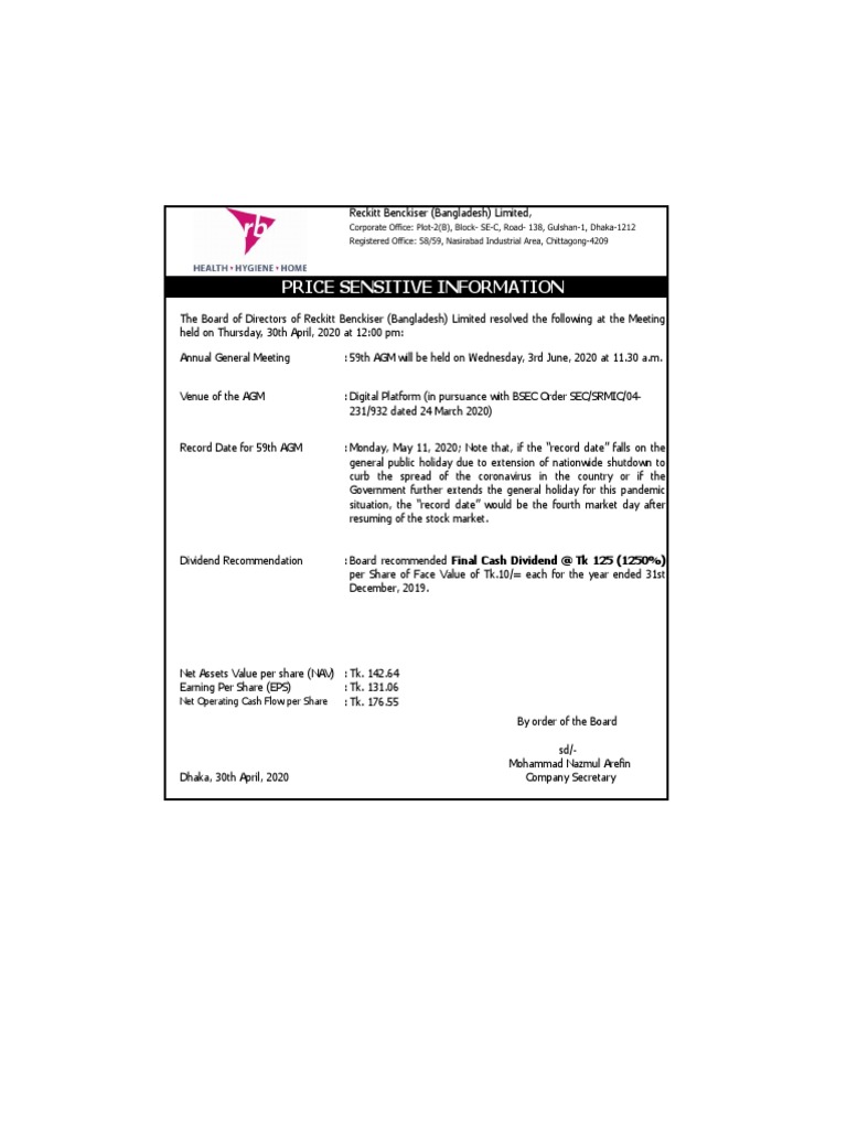 Psi Reckitt Benckiser Bangladesh Limited PDF