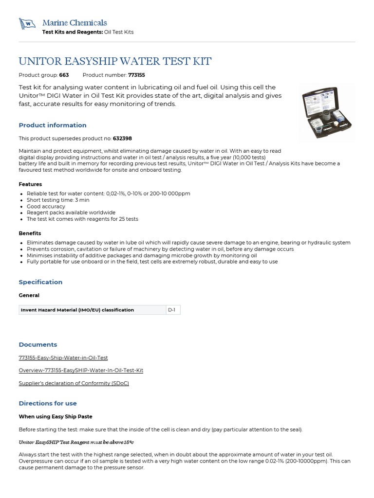 Unitor Easyship Water Test Kit | PDF | Lubricant | Water