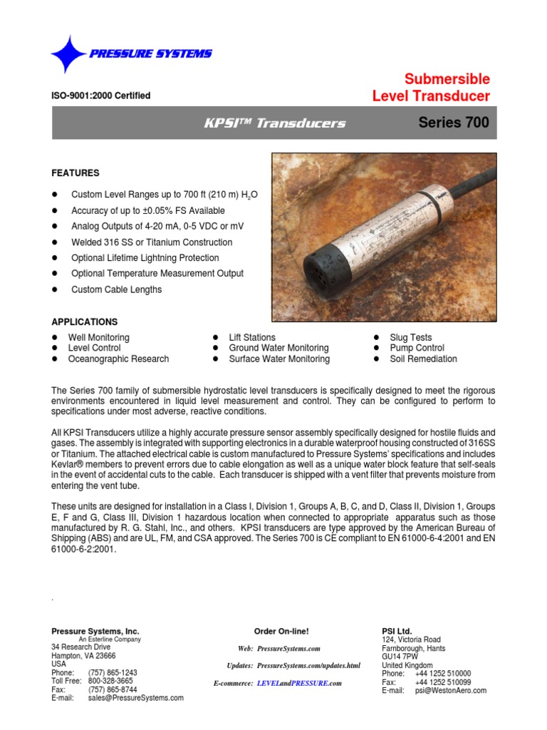 KPSI™ Transducers Submersible Level Transducer PDF Electrical