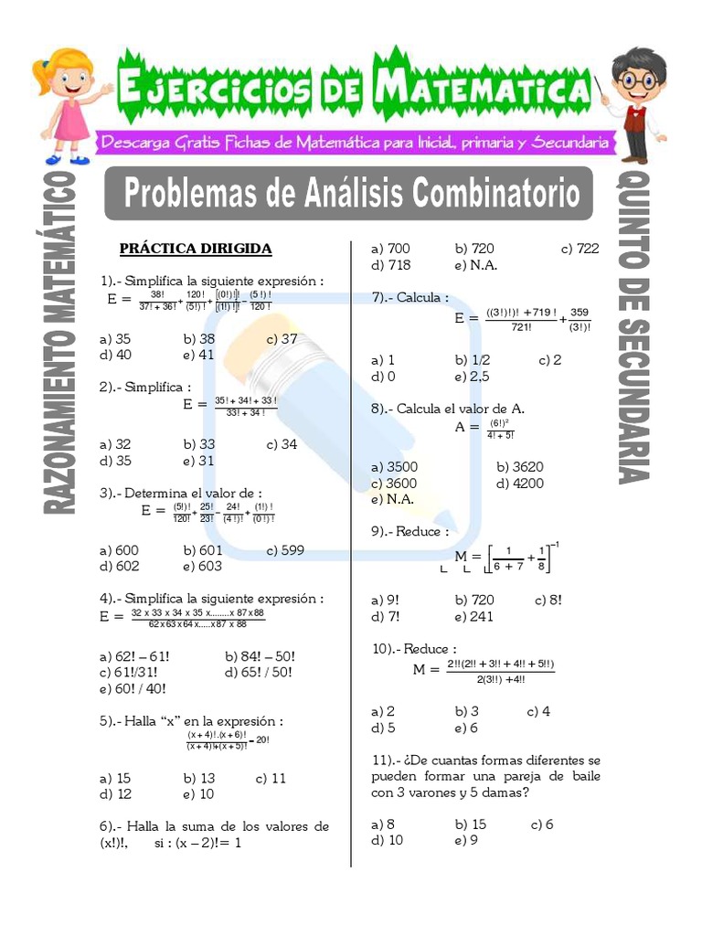 Problemas de Análisis Combinatorio para Quinto de Secundaria PDF | PDF