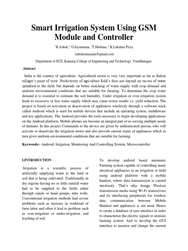 Smart Irrigation System Using GSM Module and Controller PDF Arduino
