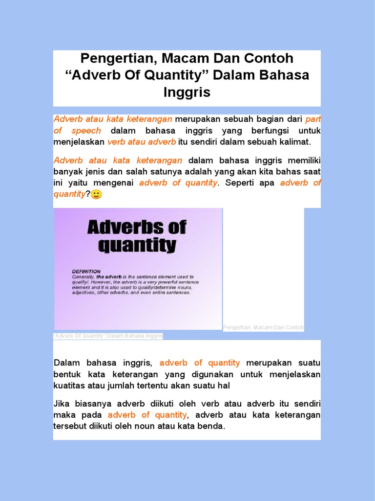 Pengertian dan Contoh Adverb Quantity | PDF | Kajian Bahasa Asing