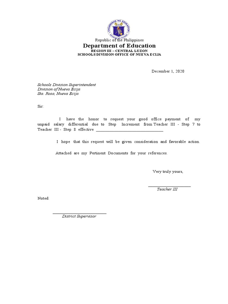 Letter RequestUnpaid Salary Differential Due To Step Increment PDF