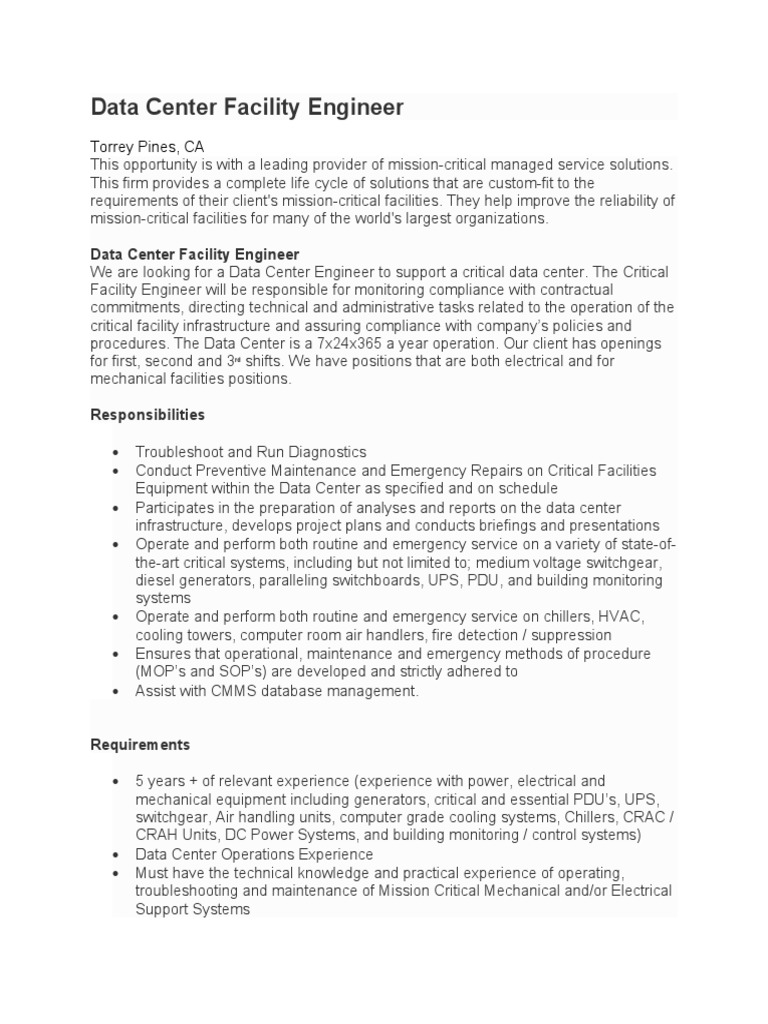Data Center Facility Engineer PDF Data Center Reliability Engineering