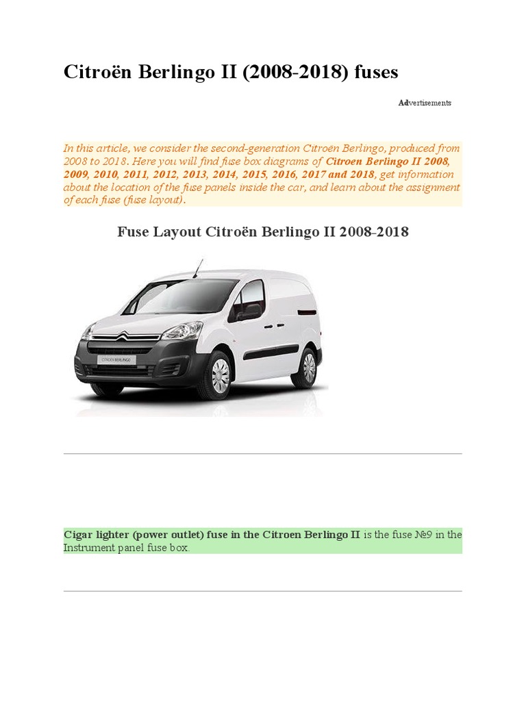 Citroën Berlingo II Fuse Box Guide | PDF | Headlamp