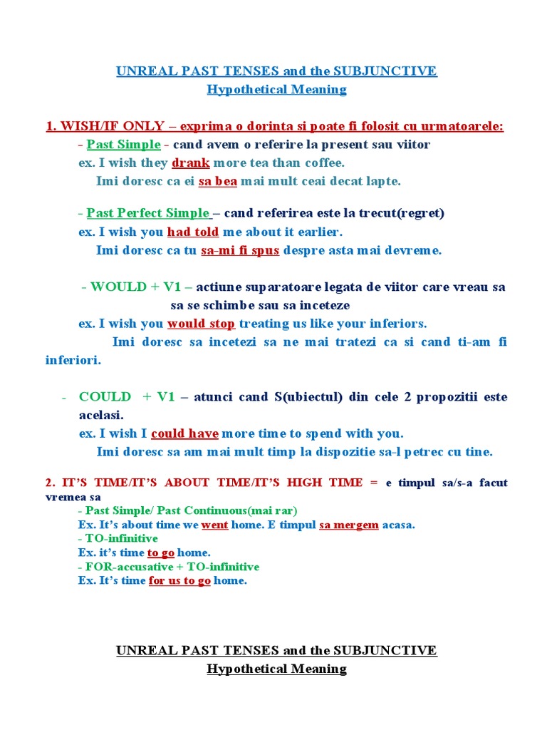 UNREAL PAST TENSES and The SUBJUNCTIVE | PDF | Syntactic Relationships ...
