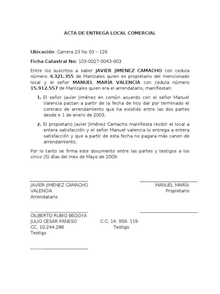 ACTA DE ENTREGA LOCAL COMERCIAL  Business  Informática y tecnología