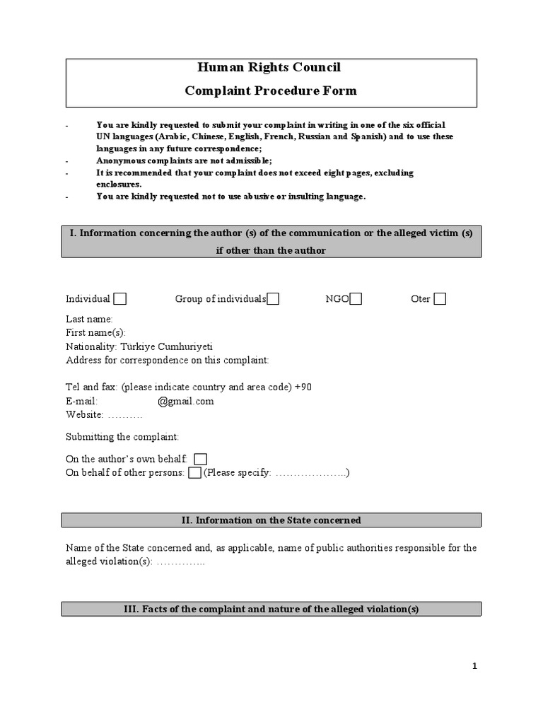 Human Rights Council Complaint Form | PDF | Human Rights | Rights