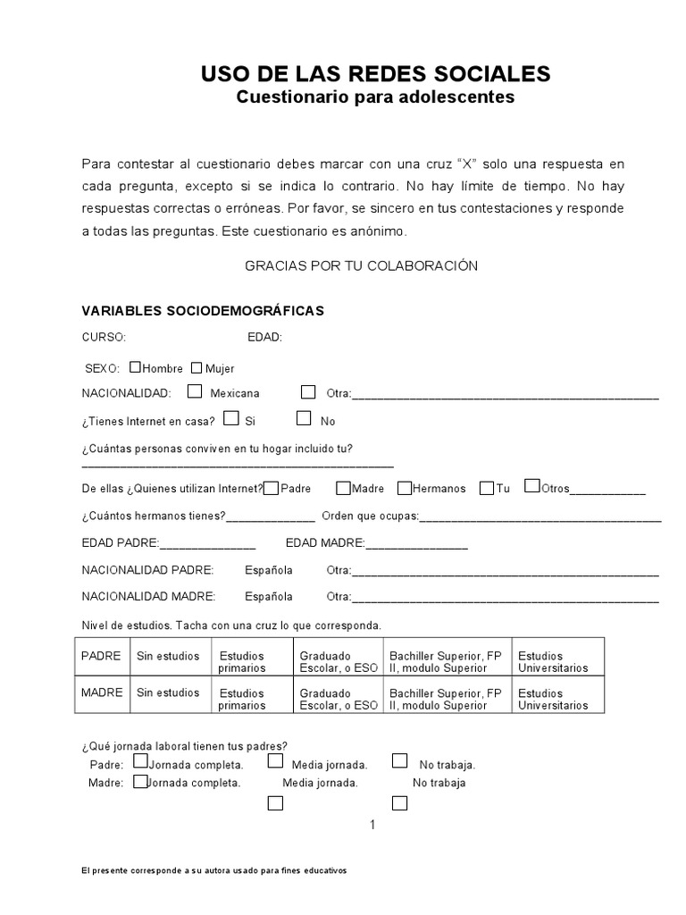 Cuestionario sobre Redes Sociales para Adolescentes | PDF | Servicio de ...