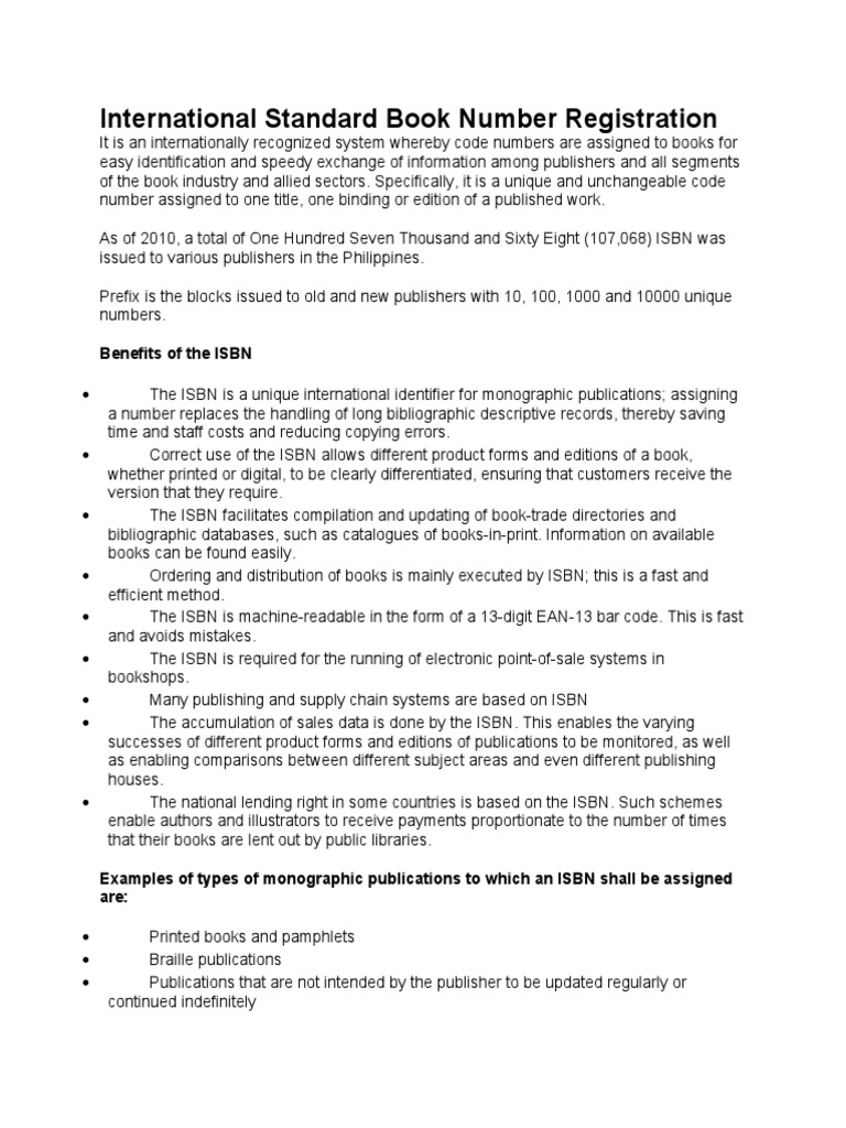 International Standard Book Number Registration PDF International