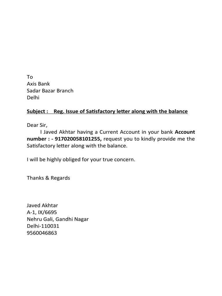Request for Satisfactory Letter from Bank | PDF