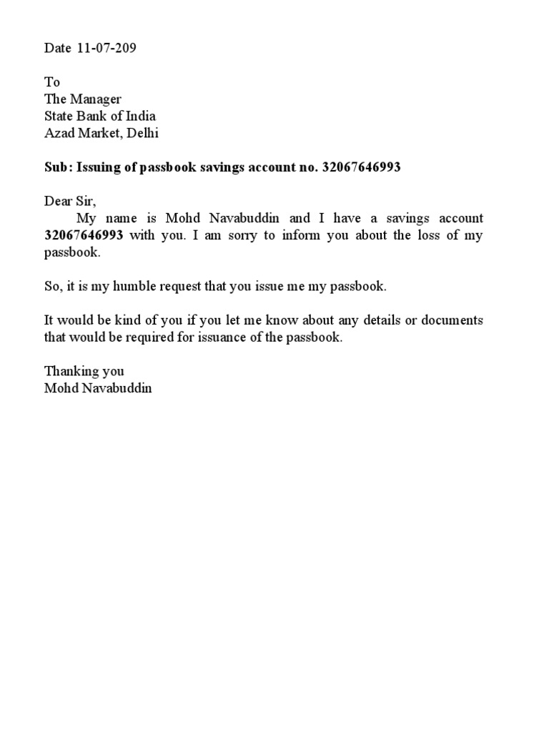 Application for Lost Bank Passbook | PDF