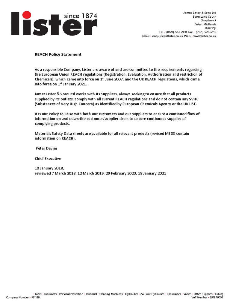 Lister's REACH Compliance Policy Statement | PDF | Occupational Safety ...