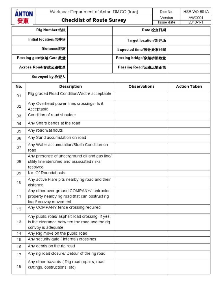 Route Survey Checklist for Rig Moves | PDF