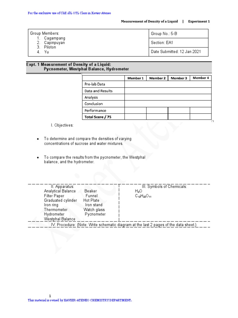 Expt. 1 Measurement of Density of A Liquid Pycnometer, Westphal Balance, Hydrometer PDF