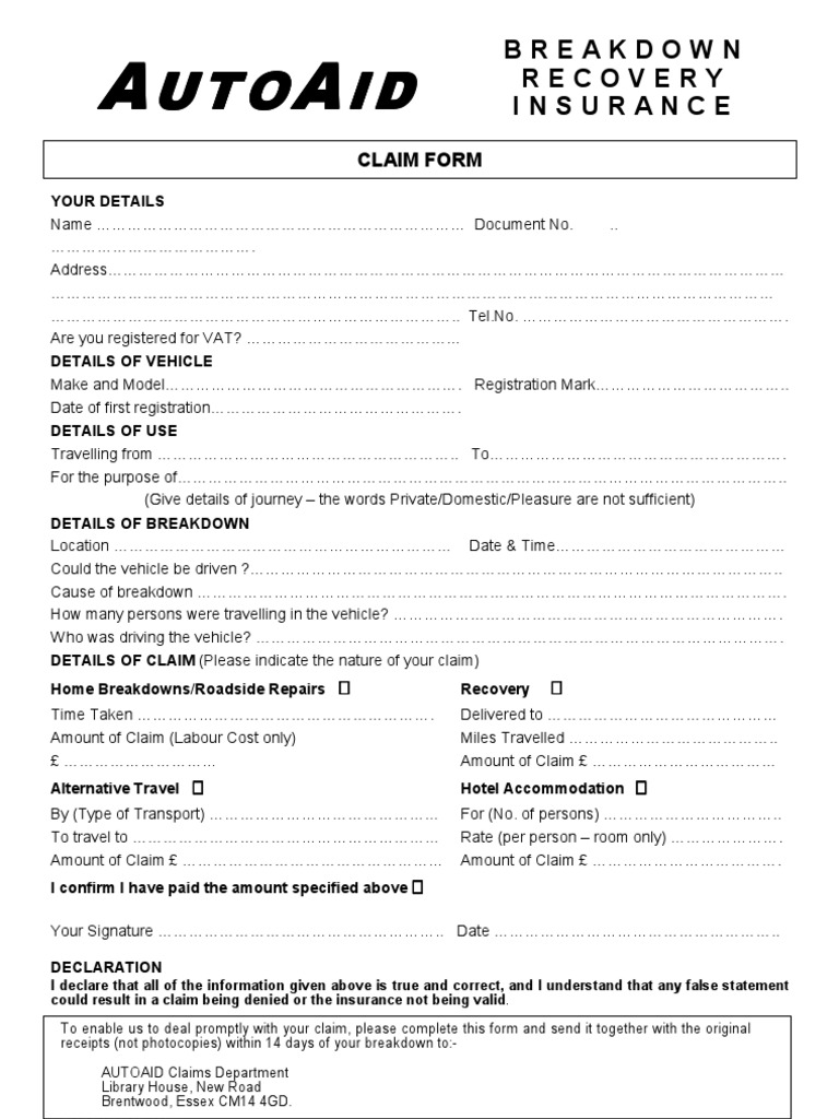 AutoAid Breakdown Recovery Claim Form | PDF | Transport | Service ...