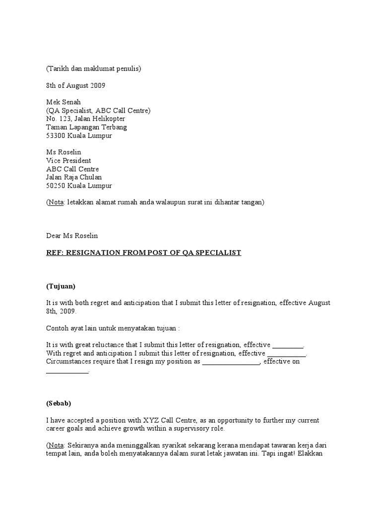 Surat Berhenti Kerja Dalam English