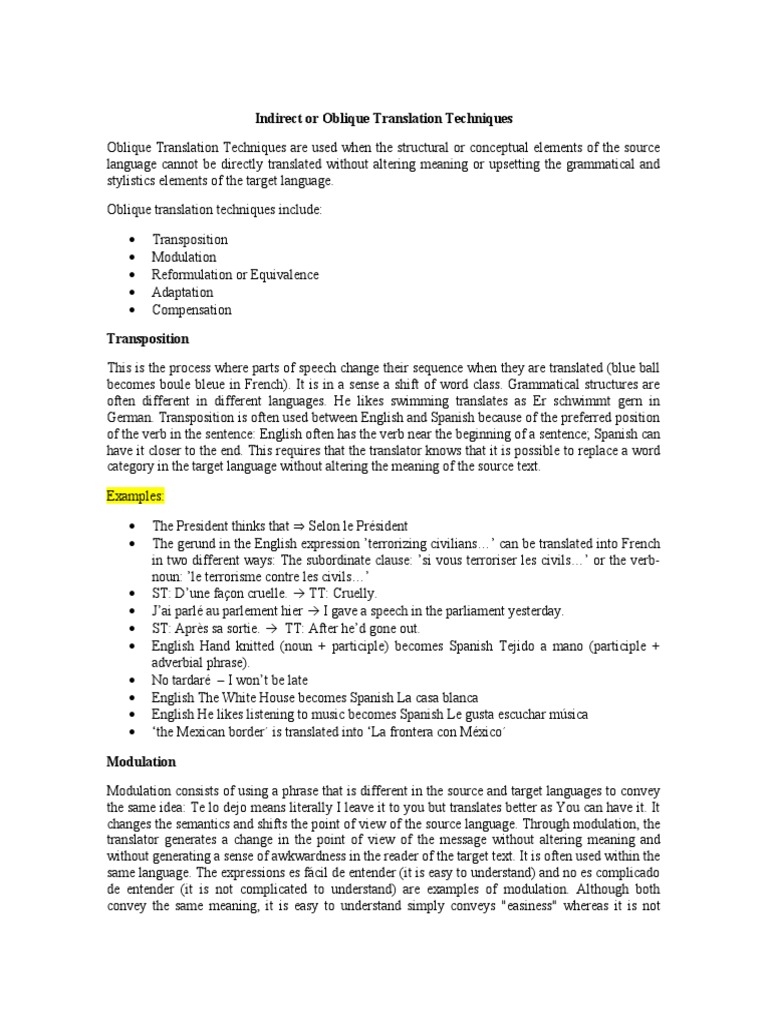 Indirect or Oblique Translation Techniques - Bastia, Gabriel | PDF |  Translations | Verb