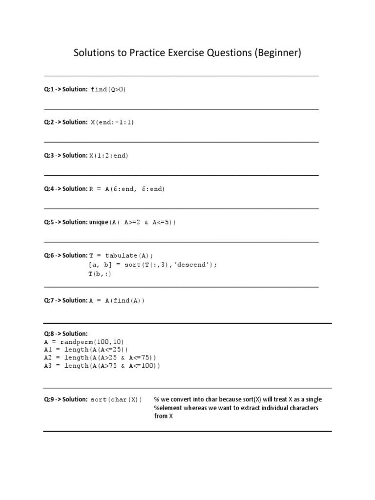 Beginner MATLAB Practice Questions Solutions | PDF