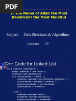 In The Name of Allah The Most Beneficent The Most Merciful: Subject: Data Structures & Algorithms